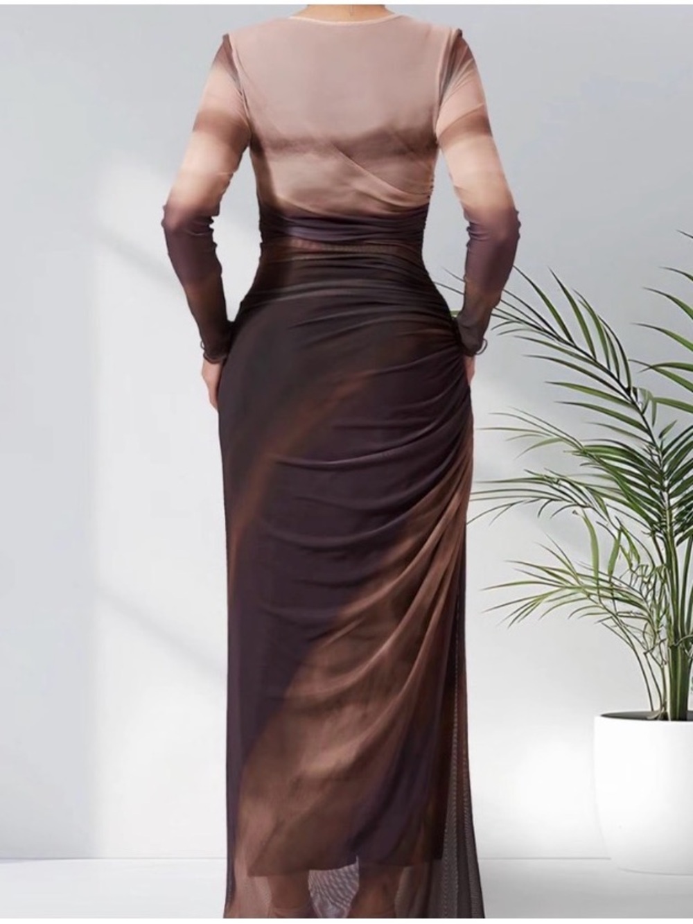 Elegant Brown Ombre Long Sleeve Mesh Overlay Maxi Dress - Picture 2 of 5